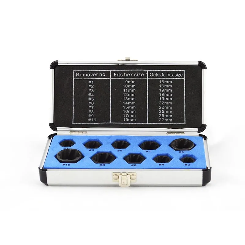 10Pcs/set 9-19mm Damaged Bolt Nut Screw Remover Extractor Removal Set Nut Removal Socket Tool
10Pcs/set 9-19mm Damaged Bolt Nut Screw Remover Extractor Removal Set Nut Removal Socket Tool