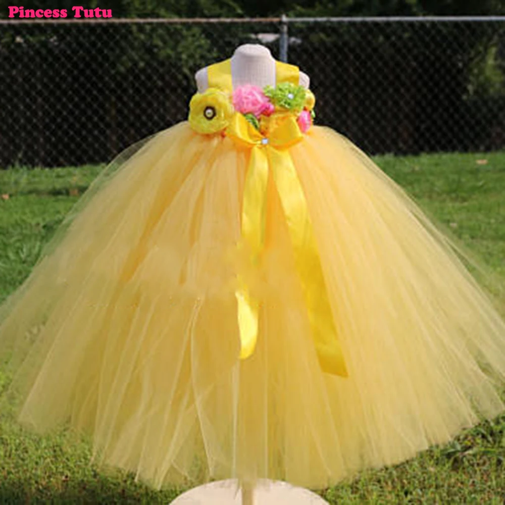 

Yellow Shabby Flower Girl Tutu Dress Pageant Long Fluffy Ball Gown Baby Kids First Birthday Wedding Party Dresses For Photograph