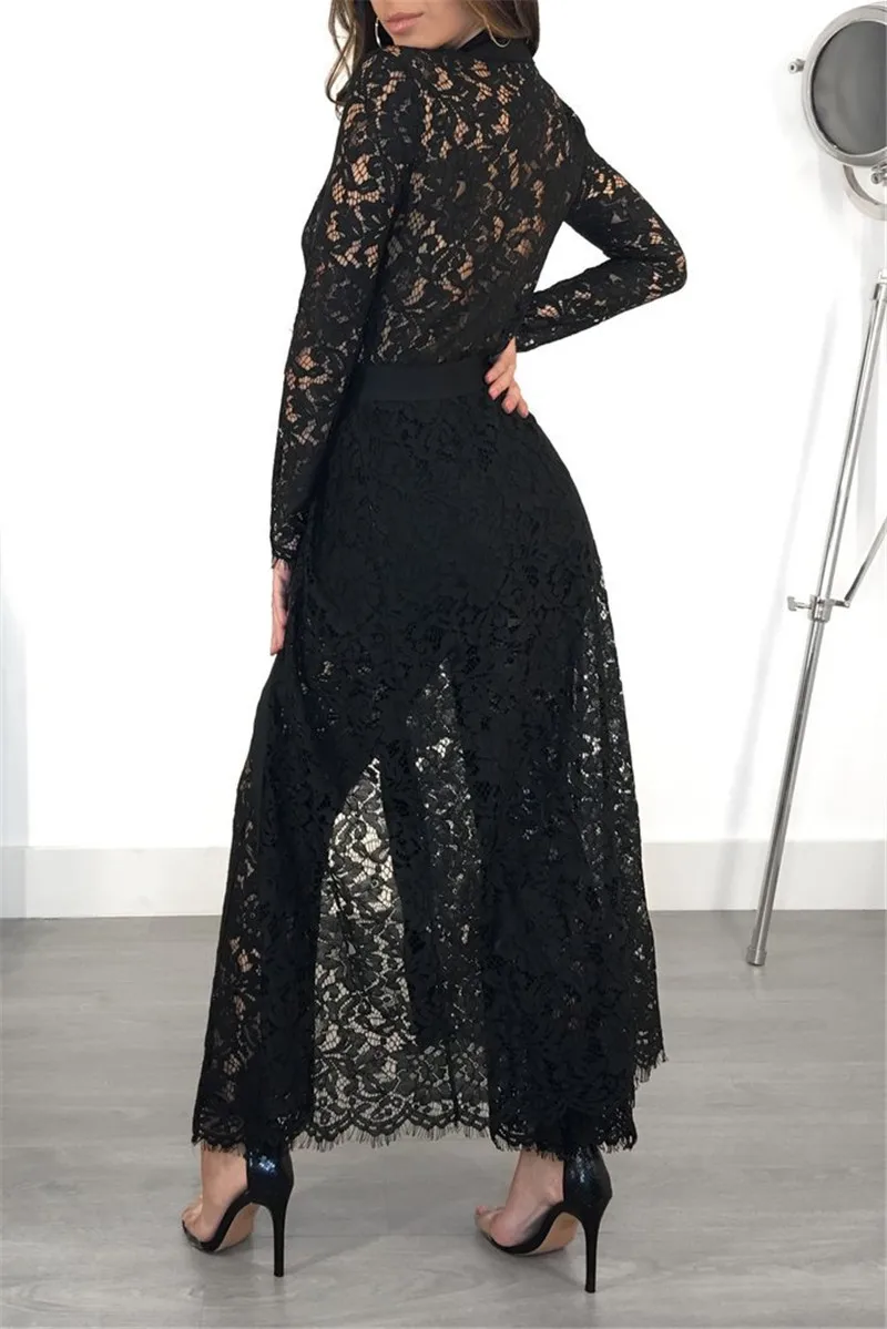 Fashion Black Lace Set Women Sheer Long Cardigan Trench Coat + Flare