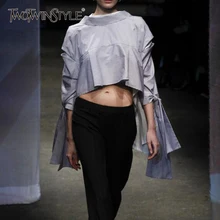 Deuxtwinstyle rayé femmes chemise Blouse demi manches épaule dénudée Bandage asymétrique Crop hauts femme surdimensionné 2019 été(China)