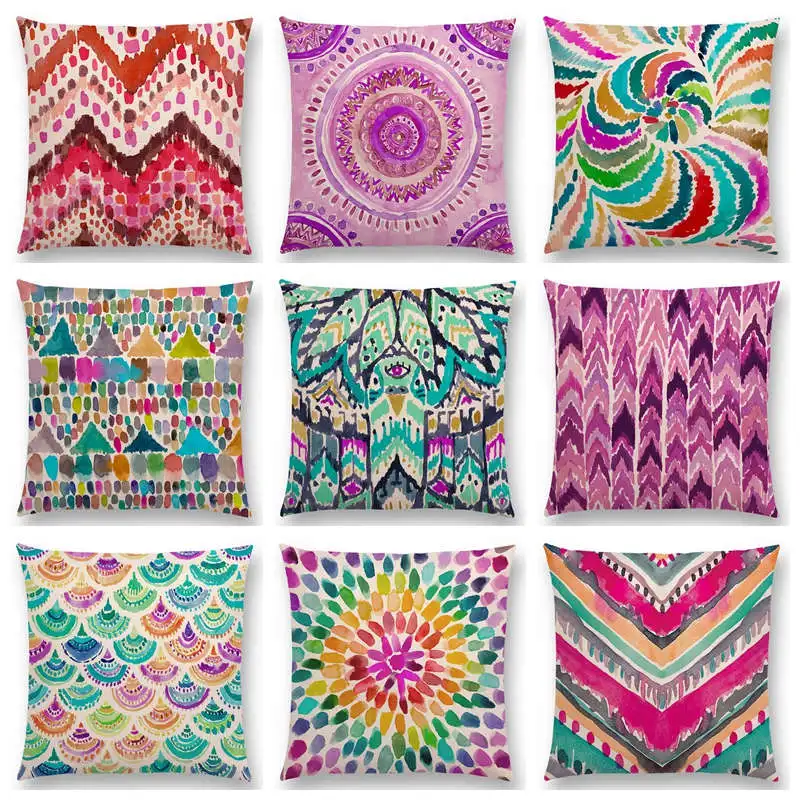 

Watercolor Boho Mandala Waves Coral Camo Stripe Paisley Geometry Rainbow Prints Colorful Cushion Cover Sofa Throw Pillow Case