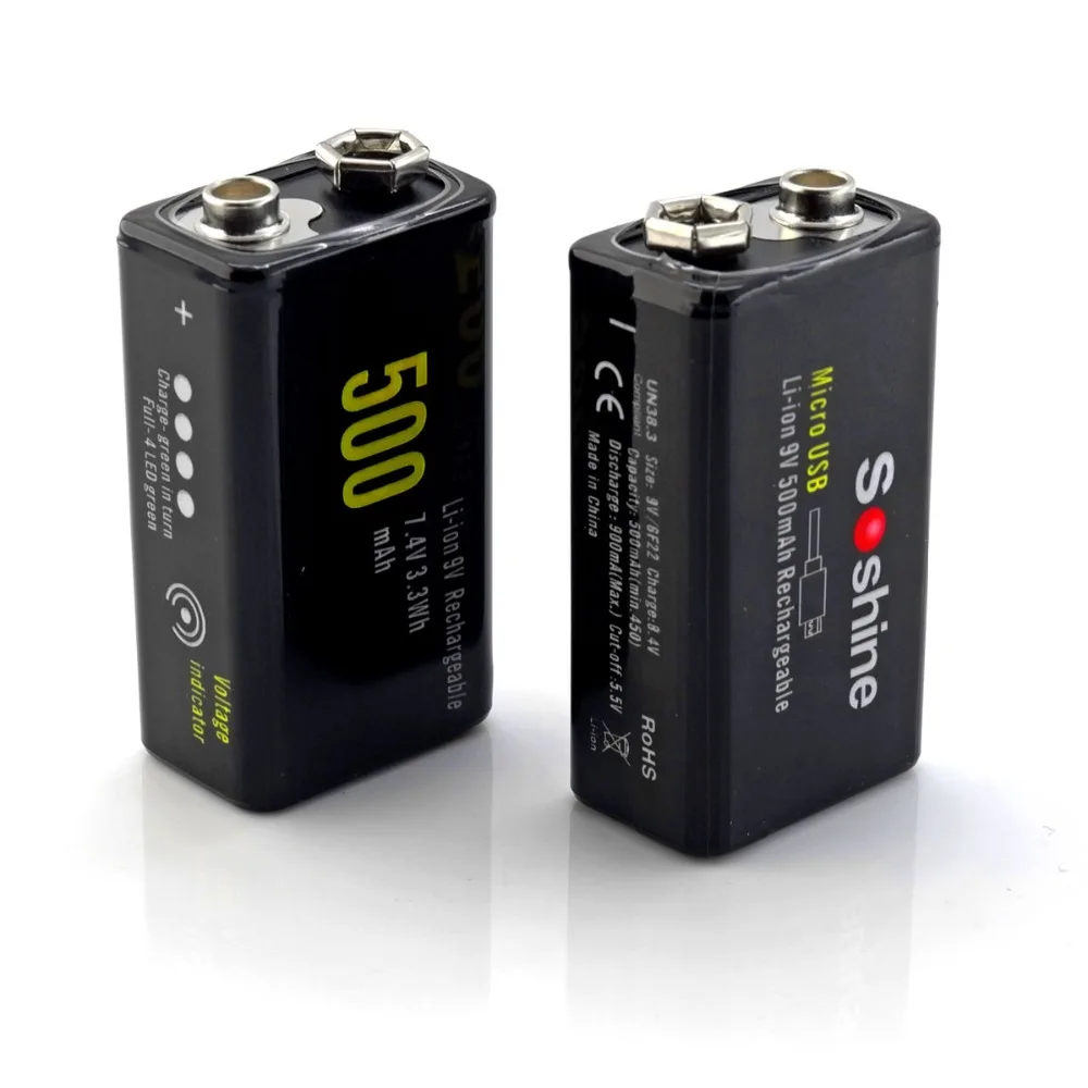 2pcs Soshine 9V Li-ion Protected Battery with Built-In Micro USB Port 2 Ways to Charge 500mAh 7.4V
2pcs Soshine 9V Li-ion Protected Battery with Built-In Micro USB Port 2 Ways to Charge 500mAh 7.4V