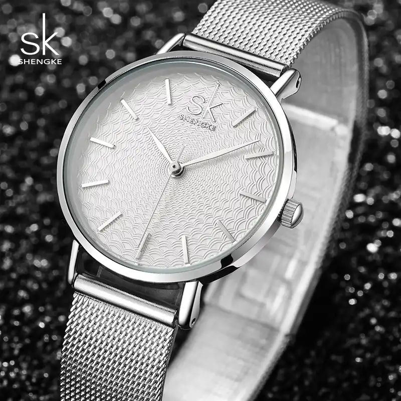 shengke silver watches women luxury stainless steel ladies