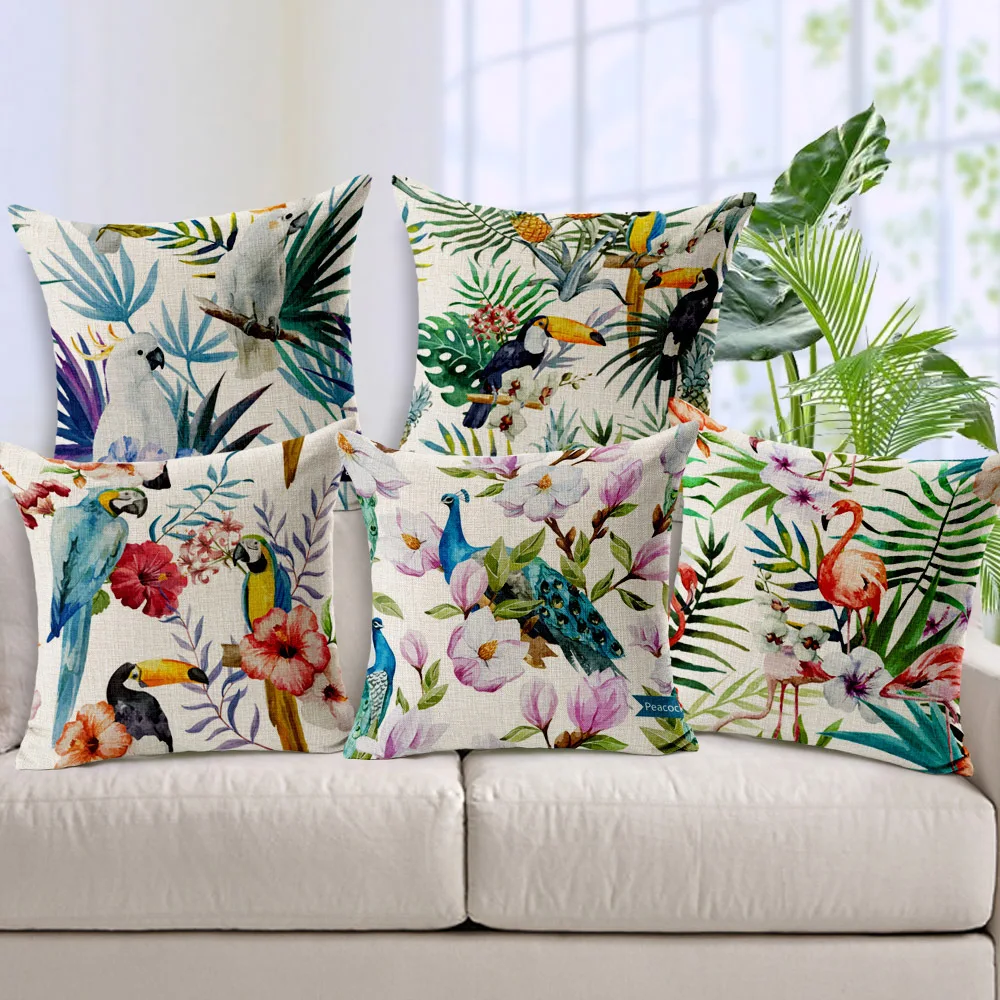 

Tropical plants flamingo cushion cover fine linen home decorative pillows quality printed 45x45cm pillow cover Nordic pillowcase