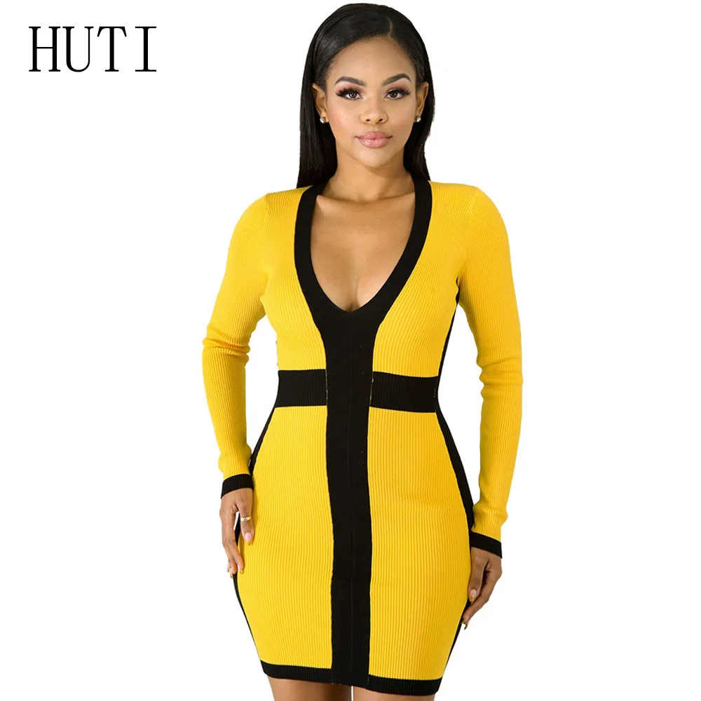 HUTI 2019 Fashion Yellow Office Lady Dress Long Sleeve V Neck Knit Dress Women Bussiness Style Comfortable Slim Pencil Dresses
HUTI 2019 Fashion Yellow Office Lady Dress Long Sleeve V Neck Knit Dress Women Bussiness Style Comfortable Slim Pencil Dresses