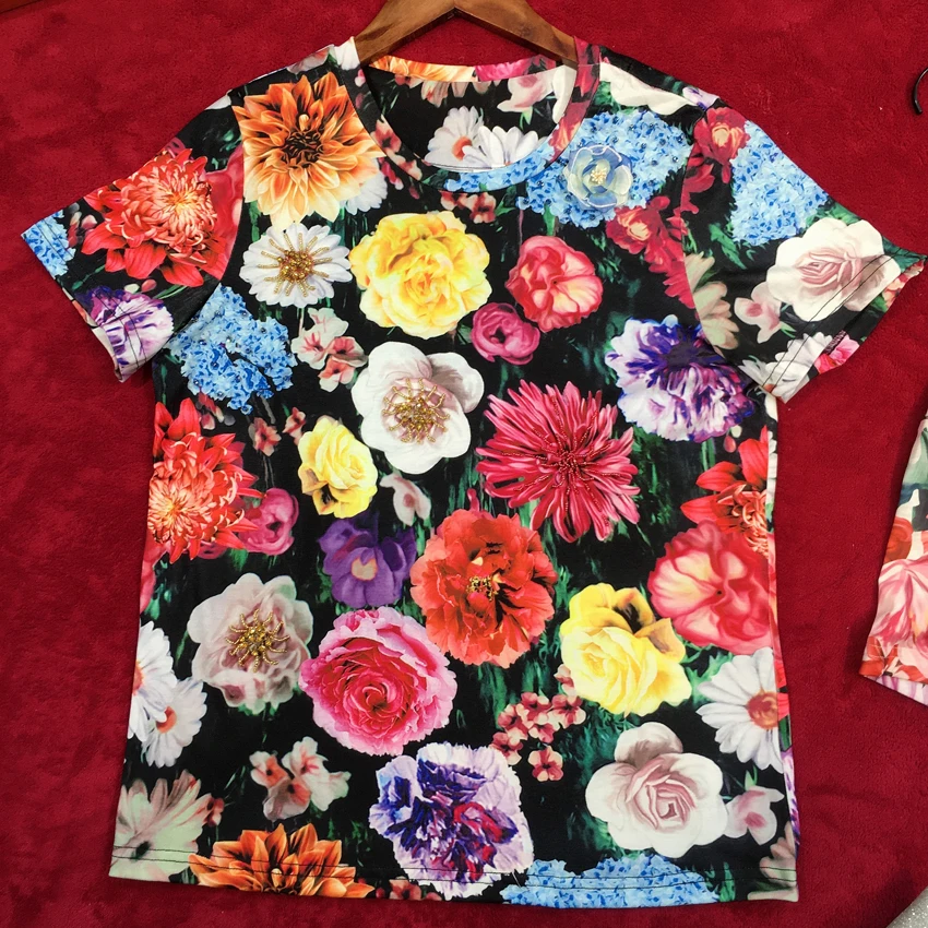 High Quality Streetwe 2019 Women's Summer Designer Fashion Floral heart beading Diamonds print Short Sleeve Cotton T-Shirt
High Quality Streetwe 2019 Women's Summer Designer Fashion Floral heart beading Diamonds print Short Sleeve Cotton T-Shirt