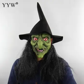 

Green Face Witch Halloween Mask Props Scary Zombie Masks Realistic Masquerade Halloween Maske Long Hair Witch Masque Horror Mask