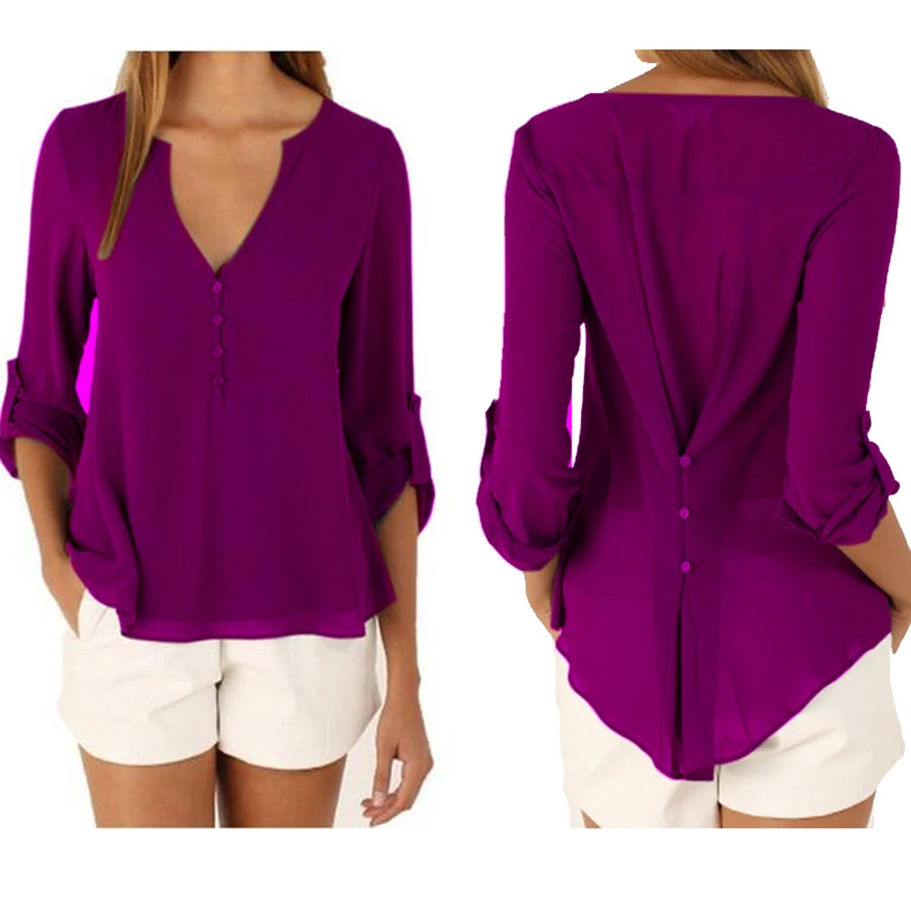 2022 New Autumn Fashion Women Deep V-Neck Button Long Sleeve Ladies Tops Chiffon Shirts Solid Elegant Top Casual Blouse | Женская одежда