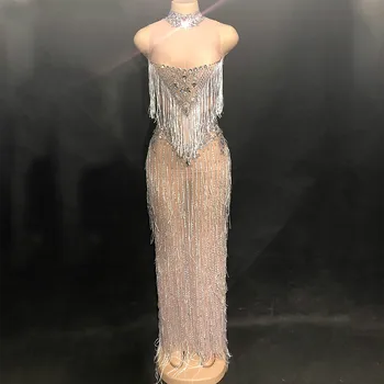 Sparkly Rhinestone Tassels Long One-piece Dress Birthday Party Sexy Dresses Female Nightclub Singer Performance Dance Costumes 
Sparkly Rhinestone Tassels Long One-piece Dress Birthday Party Sexy Dresses Female Nightclub Singer Performance Dance Costumes