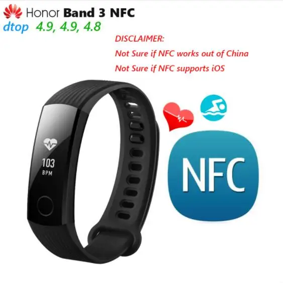 

Original Huawei Honor Band 3 NFC Edition Smart Wristband Swimmable 5ATM 0.91" OLED Touchpad Heart Rate Monitor Push Message