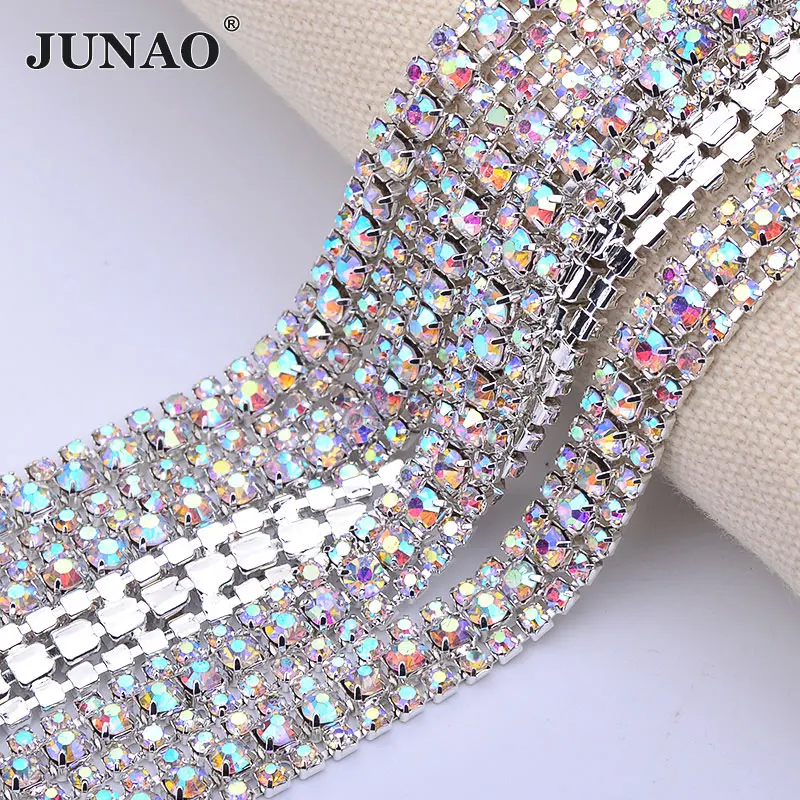 

JUNAO 1 Yard 3 Row SS8+SS16+SS8 Glass AB Crystal Rhinestones Chain Ribbon Trim Sew On Strass Claw Cup Chain For Dress Design