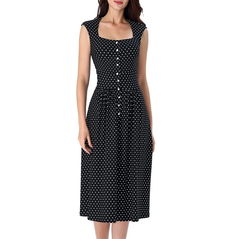 

Vfemage Womens Vintage Polka Dot Print Buttons Pleated Casual Work Office Party Tea Fit and Flare Skater A-Line Midi Dress 035