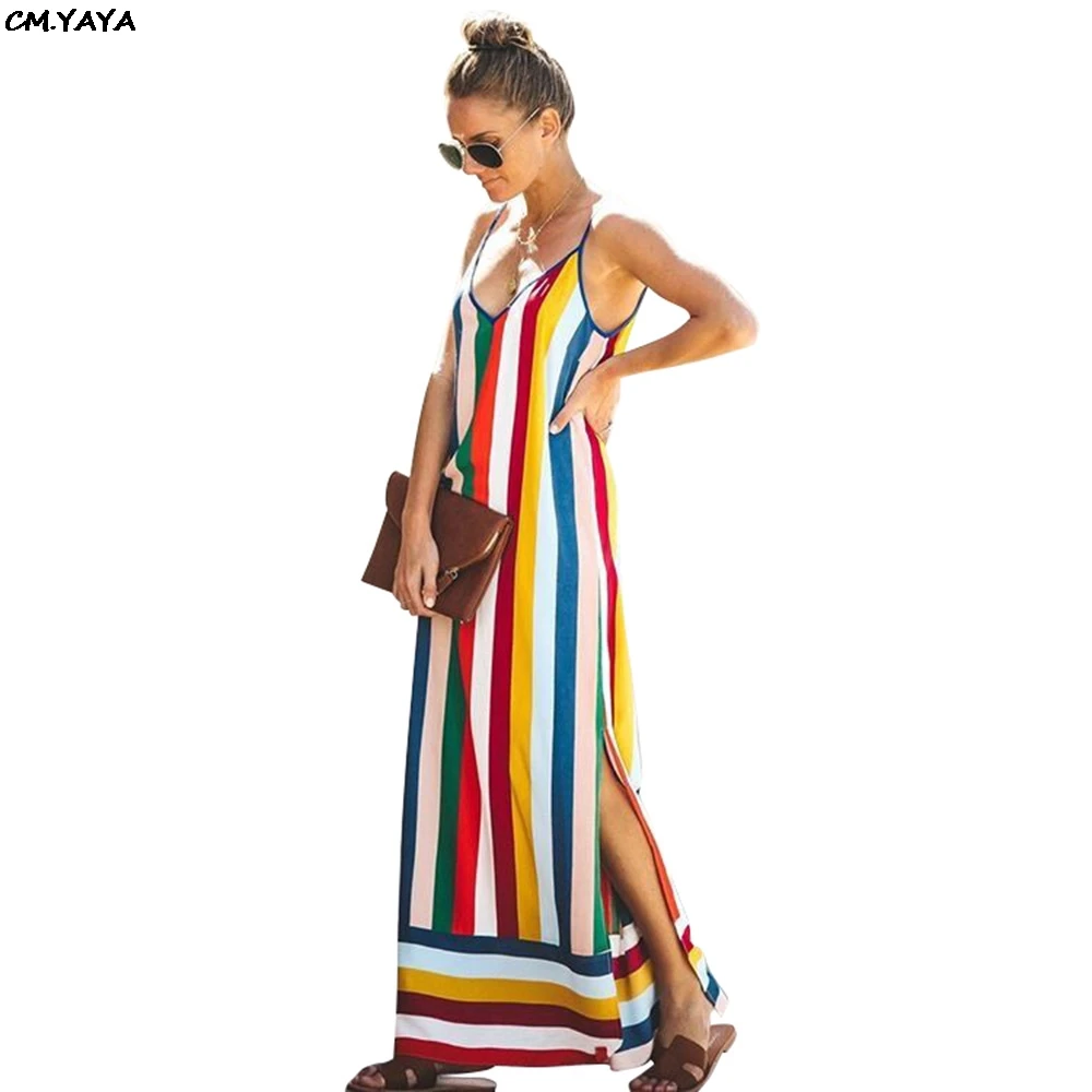 2019 new women summer colorful stripes splicing spaghetti strap sleeveless v-neck maxi dress slim side split long dresses TS906
2019 new women summer colorful stripes splicing spaghetti strap sleeveless v-neck maxi dress slim side split long dresses TS906