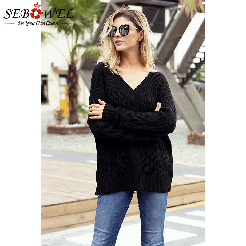 Black-Cable-Knit-V-Neck-Sweater-LC27873-2-5