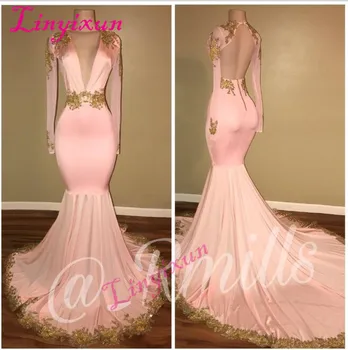 Sexy Backless Deep V-neck Pearl Pink Prom Dresses 2018 Mermaid Long Sleeve Gold Beads Appliques Lace Sweep Train Evening Gown 
Sexy Backless Deep V-neck Pearl Pink Prom Dresses 2018 Mermaid Long Sleeve Gold Beads Appliques Lace Sweep Train Evening Gown