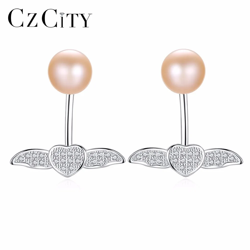 

CZCITY Pearl Earrings 925 Sterling Silver with Tiny Cubic Zirconia Cute Love Wing Shape Wedding Jewelry Earrings for Women Gift