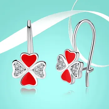 

FOREWE Red Enamel Crystal Zircon Earrings Lucky Clover Heart 925 Sterling Silver Stud Earrings For Women Girls Fahsion Jewelry