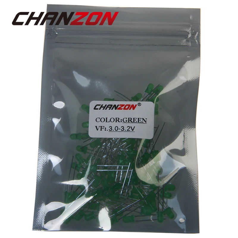 CHANZON 100 шт. 3 мм LED диод зеленый цвет диффузный DIP Круглый в светоизлучающий через