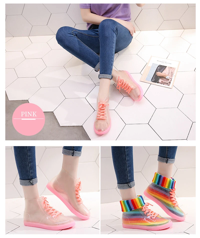 Fashion Jelly Transparent Shoes Cute Adult Women Rain Boots Korean Waterproof Female Shoes Non-slip Rubber Lady Shoes Ankle Boot (10)