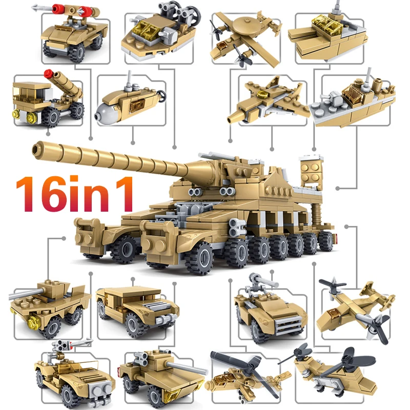KAZI 16 in 1 Army Cannon Tank 544pcs Military 2 in 1 Missile Vehicle Boat Weapon Building Blocks Brick DIY Toys For Boy
KAZI 16 in 1 Army Cannon Tank 544pcs Military 2 in 1 Missile Vehicle Boat Weapon Building Blocks Brick DIY Toys For Boy