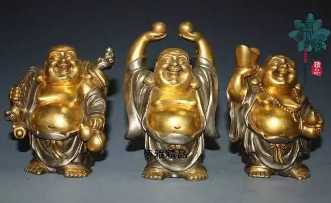Tibet Bronze Copper 24K Gold Gild Silver-gilt Yuanbao Maitreya Buddha Statue Set
