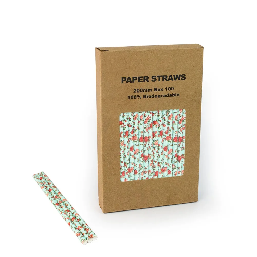 

Free Shipping 100% Biodegradable Paper Straws Drinking Paper Straws Blue Flower Rose Paper Straws 104 Box(100pcs)