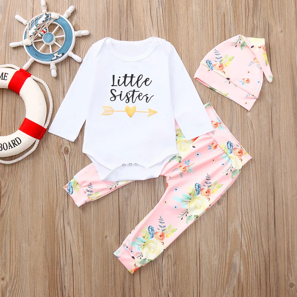 Fashion Newborn Infant Baby Girl Letter Romper Cotton O-Neck Tops Floral Pants Hat Outfits Set Clothes | Детская одежда и обувь