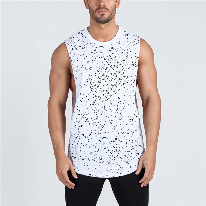 

Mens Running Vest Gym Sleeveless T Shirt Sport Tank top Bodybuilding and Fitness Tanktop Cotton open side dot Printed Tshirt