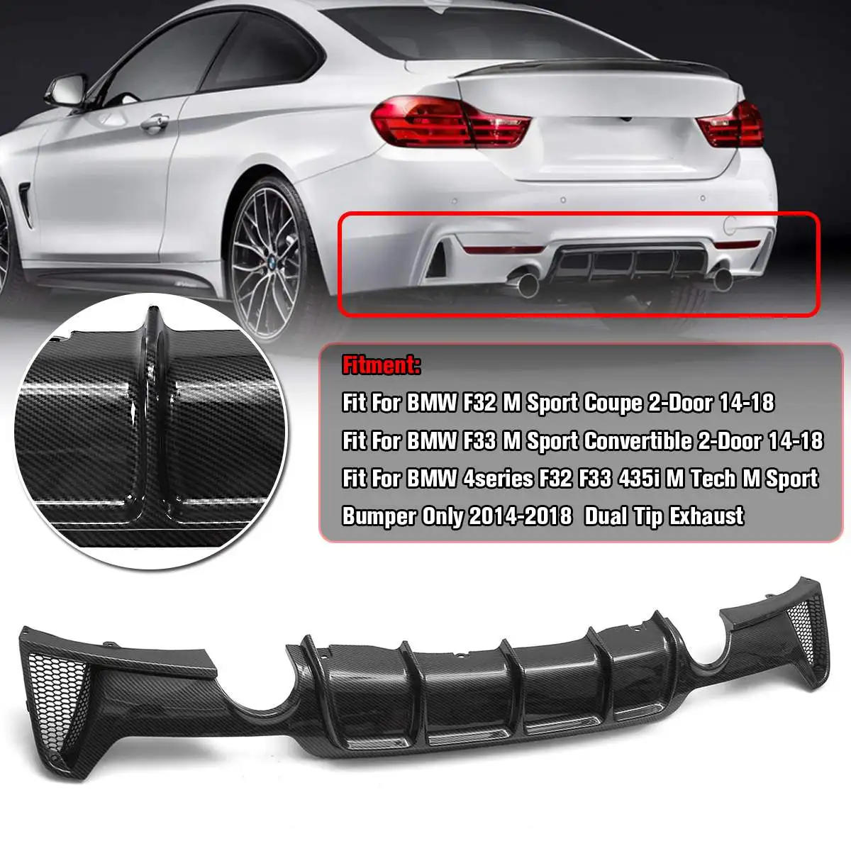 NEW Carbon Fiber Style Car Rear Bumper Lip Diffuser for BMW 4series F32 F33 435i M Tech M Sport Bumper Only 2014-2018
NEW Carbon Fiber Style Car Rear Bumper Lip Diffuser for BMW 4series F32 F33 435i M Tech M Sport Bumper Only 2014-2018