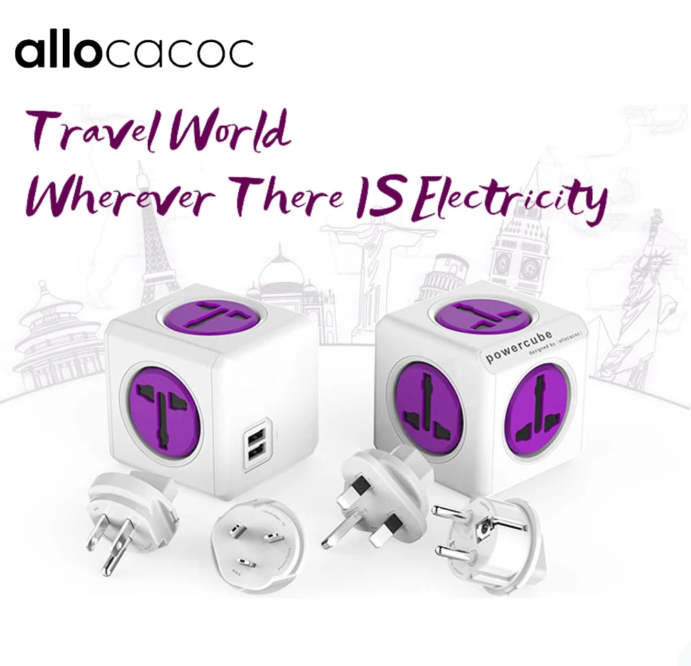 

Allocacoc Universal Specification PowerCube Socket EU/US / UK / AU Travel Plugs 4 Outlets Dual USB Ports Adapter For Smart home