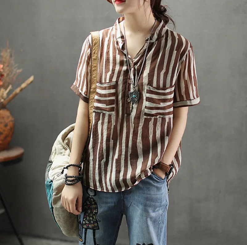 Contrast Color Vertical Striped Thin Shirt Woman Loose Top Irregular Casual Work Clothes Summer Style Short Sleeved Women Blouse
Contrast Color Vertical Striped Thin Shirt Woman Loose Top Irregular Casual Work Clothes Summer Style Short Sleeved Women Blouse