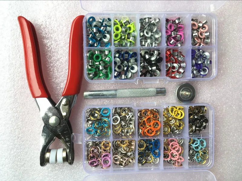 

1pc Plier+1set Eyelets Tool+100sets 10 Colors 9.5mm Prong Snap Buttons Fasteners Press Studs Poppers Buckle+200pcs 4mm Eyelets