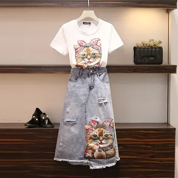 HAMALIEL M-4XL Plus Size Women Skirts Suit Summer Print Cat Pattern Sequine Cotton T-Shirt + Denim Tassel Hole Knee Skirts Set
HAMALIEL M-4XL Plus Size Women Skirts Suit Summer Print Cat Pattern Sequine Cotton T-Shirt + Denim Tassel Hole Knee Skirts Set