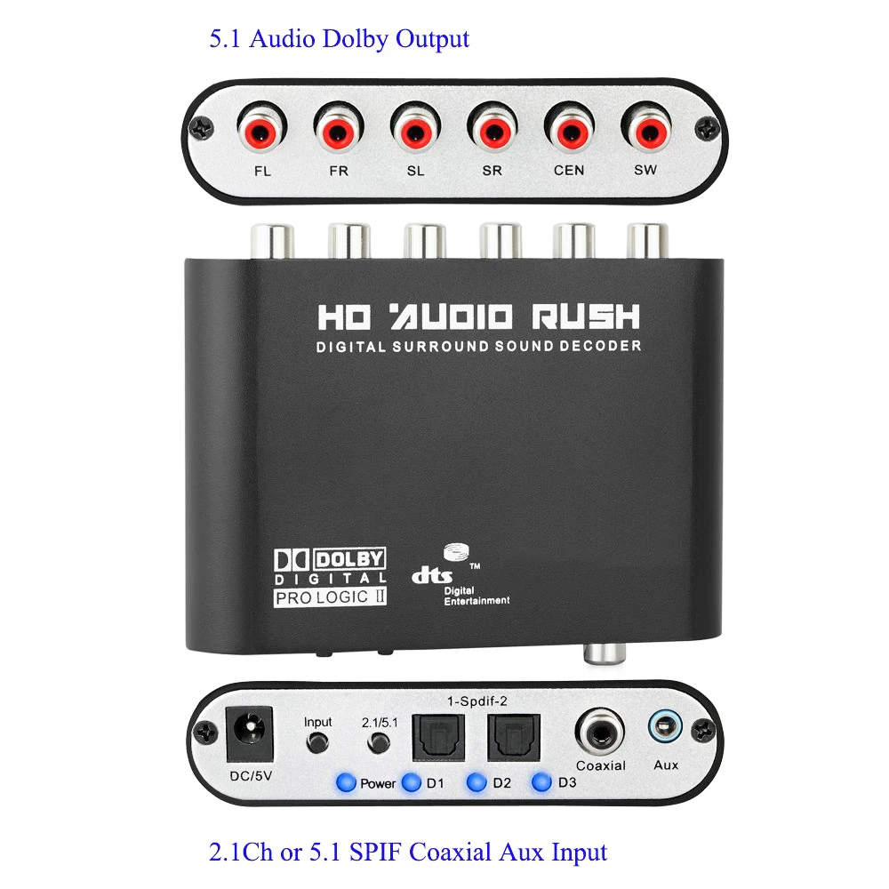 5.1 Digital to Analog Decoder Optical SPDIF 3.5mm AUX Coaxial HD Audio Rush 5.1 Audio Decoder AC3 DTS Surround Sound Amplifier
5.1 Digital to Analog Decoder Optical SPDIF 3.5mm AUX Coaxial HD Audio Rush 5.1 Audio Decoder AC3 DTS Surround Sound Amplifier