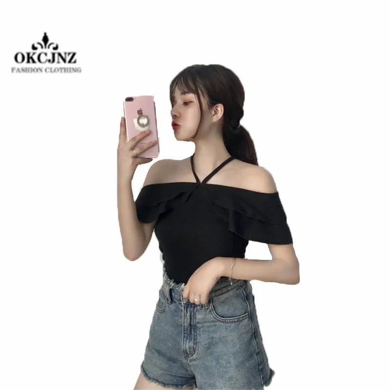 2019 Summer New Women's Korean students Loose ruffled Tops Hanging neck Strapless Slim Wild short-sleeved T-shirts Female X0215
2019 Summer New Women's Korean students Loose ruffled Tops Hanging neck Strapless Slim Wild short-sleeved T-shirts Female X0215