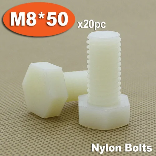 

20pcs DIN933 M8 x 50 Fully Threaded White Plastic Nylon Bolts Hexagon Hex Head Bolt Set Screw Setscrews