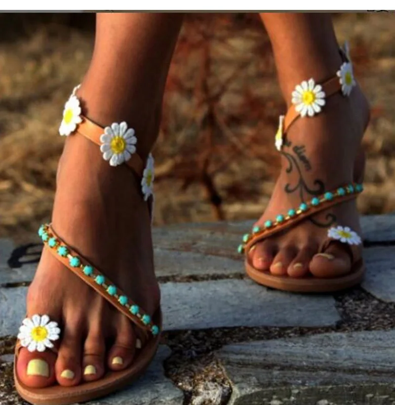 Summer Shoes Woman Gladiator Sandals Women Shoes Flat Fashion Weet Flowers Boho Beach Sandals Ladies Plus Size 44 10