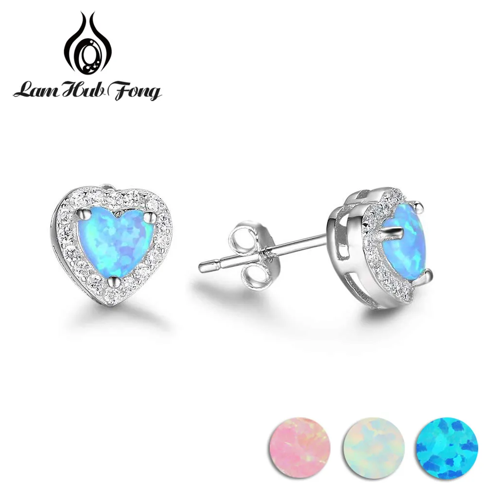 

925 Sterling Silver Blue Pink White Opal Heart Stud Earrings Cubic Zirconia Jewelry Romantic Anniversary Gifts (Lam Hub Fong)