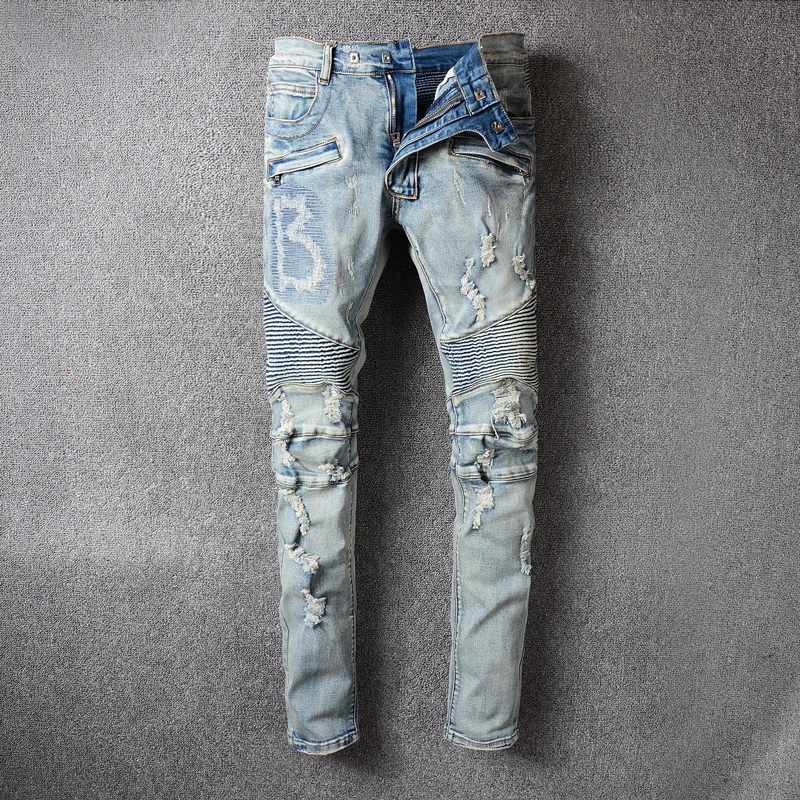 2021 High Street Fashion Mens Jeans Light Green Color Skinny Fit