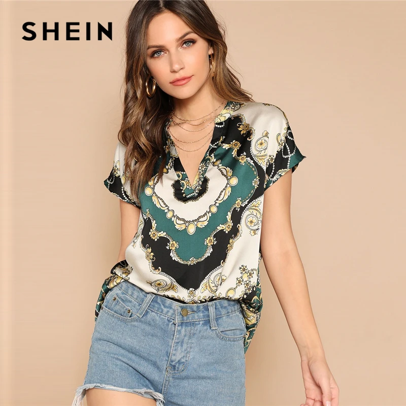 

SHEIN Vintage Multicolor Curved Hem Scarf Print V Neck Top Satin Blouse Women Summer Cap Sleeve Glamorous Casual Blouses