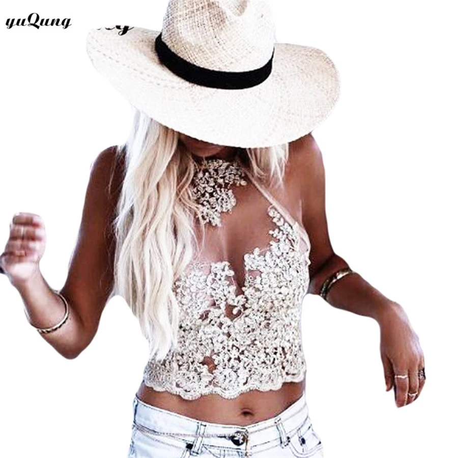 

yuqung Ladies Bandage Halter Crop Top Women's Summer lace Short Camis Bralette Cropped Bustier blouse short t shirt sheer Tank