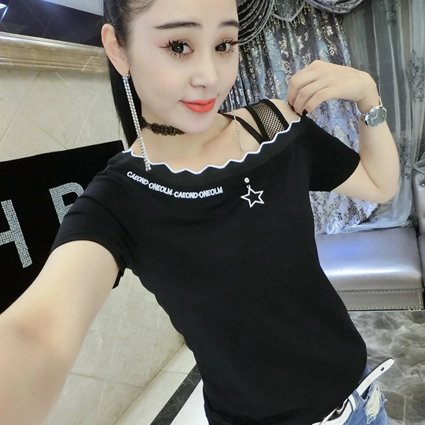Korean Sexy Mesh Slash Neck Off Shoulder Tshirt 2019 Summer Patchwork Wave Slim Letter Top Clothes Shirt Camiseta Mujer T95106L
Korean Sexy Mesh Slash Neck Off Shoulder Tshirt 2019 Summer Patchwork Wave Slim Letter Top Clothes Shirt Camiseta Mujer T95106L
