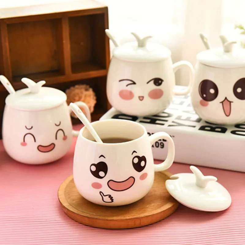 

Creative Cartoon Cute Expression Cup Ceramic Single Layer Milk Breakfast Cup Couple Coffee Cup Tea Cup With Lid Spoon Mug 300ml