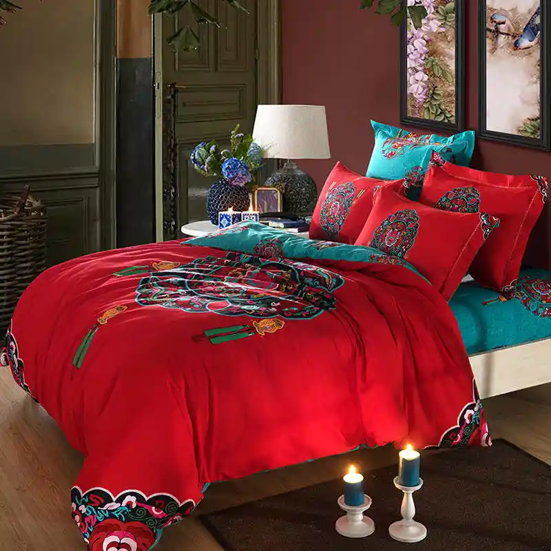 Red Turquoise Oriental Chinese Traditional Pattern Bedding Set