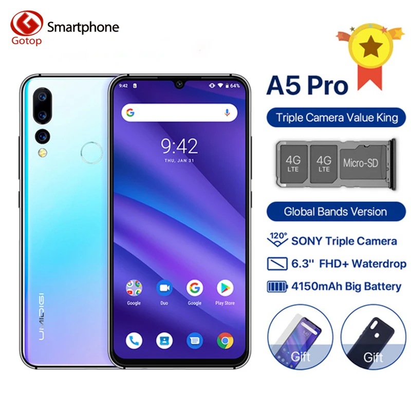 UMIDIGI A5 PRO Android 9.0 Cell Phone 16MP Triple Camera Octa Core 6.3' FHD+ Waterdrop Screen 4150mAh 4GB+32GB 4G Mobile Phone
UMIDIGI A5 PRO Android 9.0 Cell Phone 16MP Triple Camera Octa Core 6.3' FHD+ Waterdrop Screen 4150mAh 4GB+32GB 4G Mobile Phone
