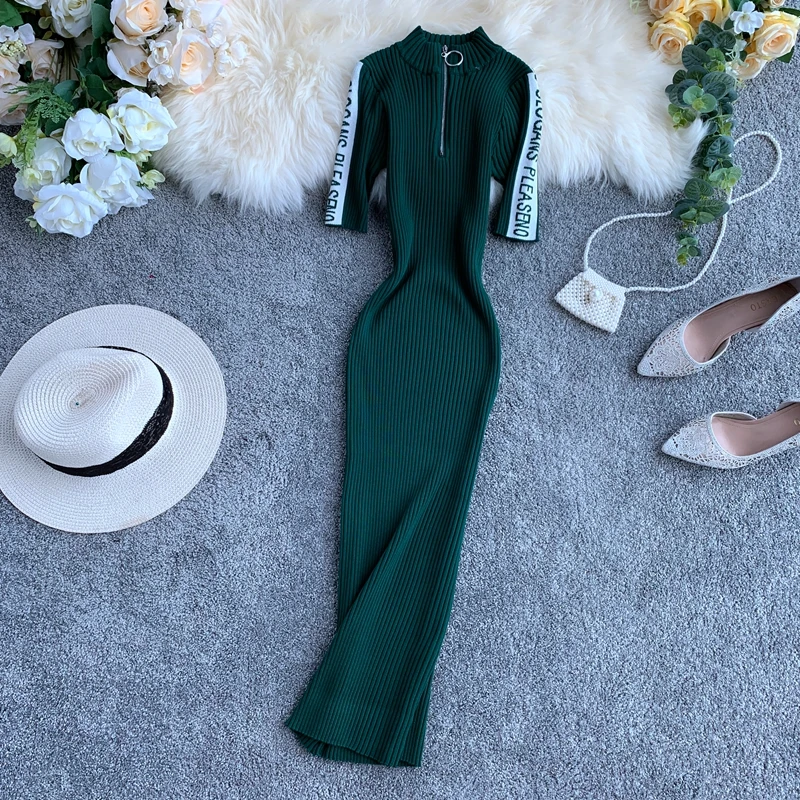 2019 new fashion women's Dress spell color zipper letters long Slim knit dresses
2019 new fashion women's Dress spell color zipper letters long Slim knit dresses