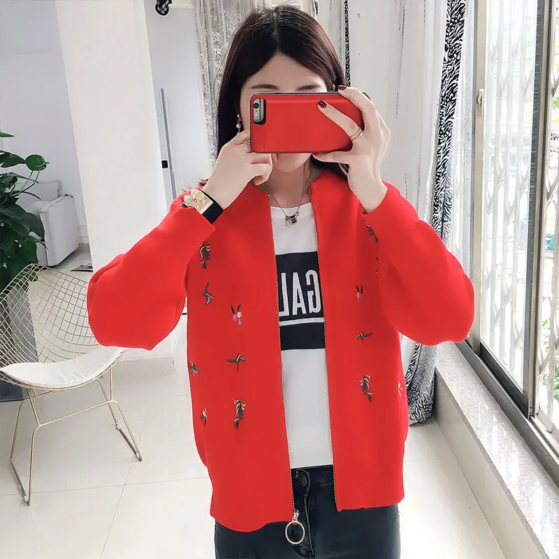 Women Embroidery Floral Sweaters Cardigan Korean Zipper Student Sweater Jacket Fashion Knitted Outerwear AA11932 |