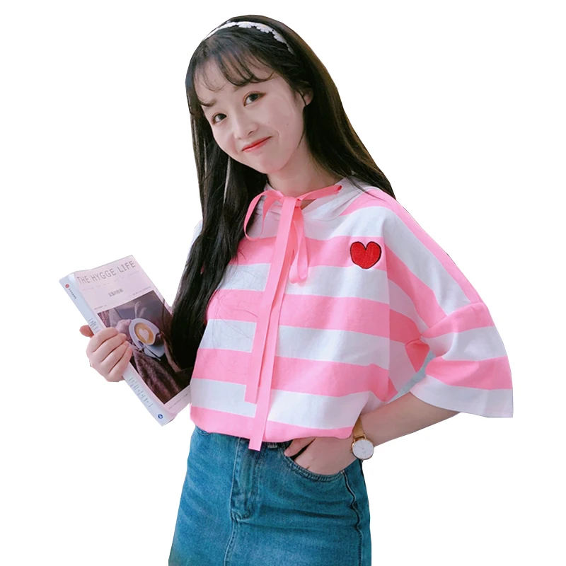 Sweet Cute Striped Love Embroidery Girls T-Shirt Chic Tie Bow Hooded Student Tops Casual Loose Summer Cotton Half Sleeve T Shirt
Sweet Cute Striped Love Embroidery Girls T-Shirt Chic Tie Bow Hooded Student Tops Casual Loose Summer Cotton Half Sleeve T Shirt