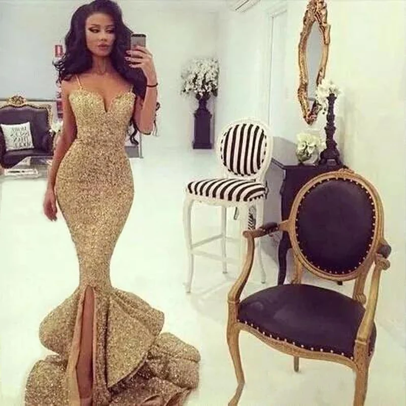 Bling Gold Sequins Mermaid Prom Gowns V-Neck Spaghetti Strap Floor-Length Ruffles Evening Gowns Pageant Dress Formal Custom Made
Bling Gold Sequins Mermaid Prom Gowns V-Neck Spaghetti Strap Floor-Length Ruffles Evening Gowns Pageant Dress Formal Custom Made