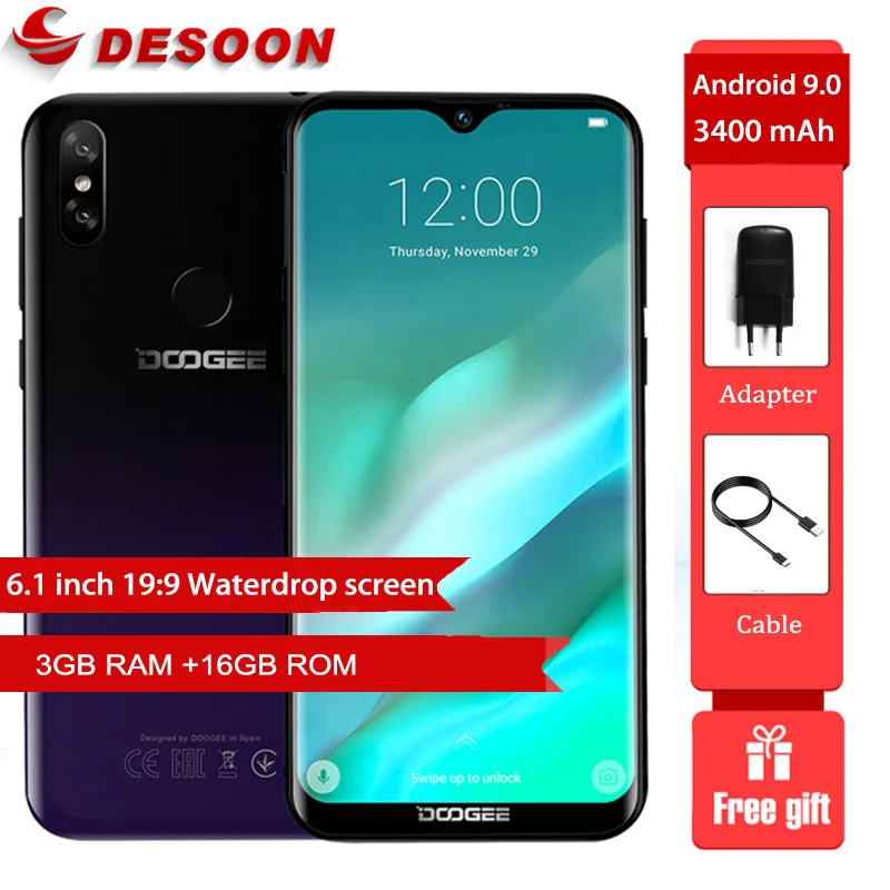 

DOOGEE Y8 Android 9.0 Waterdrop Screen Smartphone 6.1"FHD 19:9 Display 3400mAh MTK6739 Quad Core 3GB RAM 16GB ROM 4G LTE Mobile